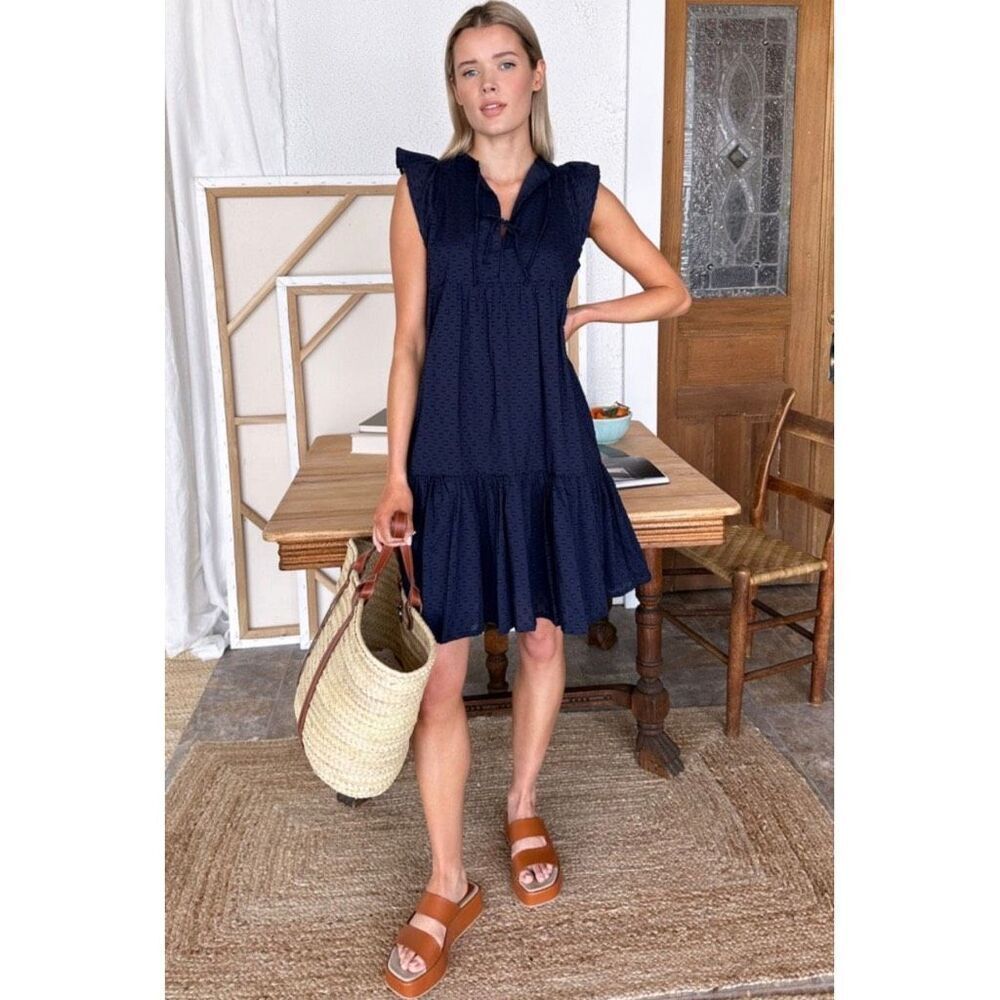 NWT Emerson Fry Angel Dress Midnight Swiss Dot Organic Navy Tiered Ruffle XS/S